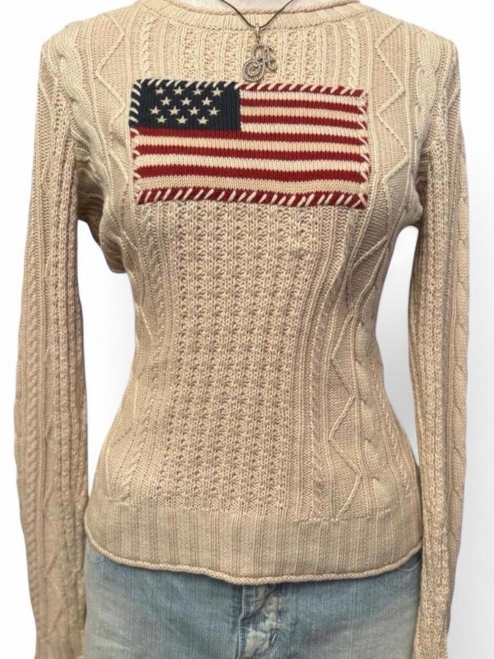 Cream Cable Knit Sweater with Flag Patch